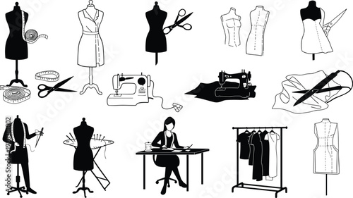 Fashion design icon set, tailoring silhouettes, dressmaker tools vector, sewing mannequin illustrations, seamstress equipment clipart, garment construction icons
