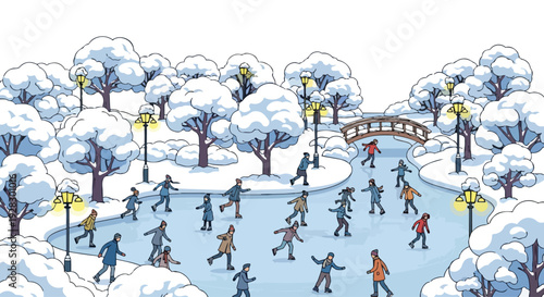 Flat 2D illustration of people ice skating on a frozen pond in a snowy city park with trees and a bridge.