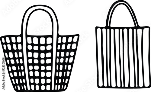 Hand drawn tote bag silhouettes set, reusable shopping bags with modern pattern design, eco friendly fashion vector illustration