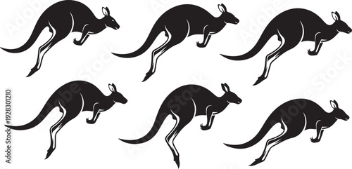 A group of kangaroos in motion, depicted in a stylized black and white illustration.