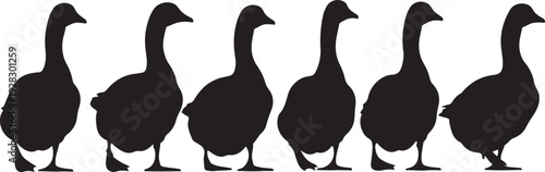 A line of six black silhouettes of geese walking in a row