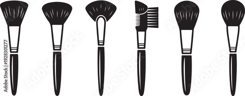 Five different makeup brushes displayed in a row on a white background