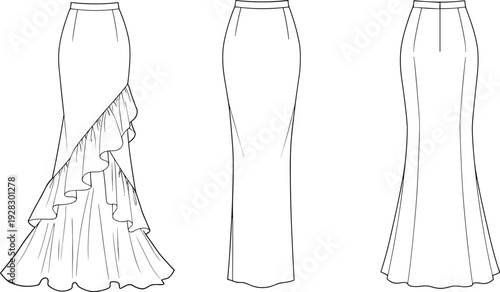 Fashion technical sketch of three long skirts, ruffle skirt, mermaid skirt, fishtail skirt, line art, vector template, illustration