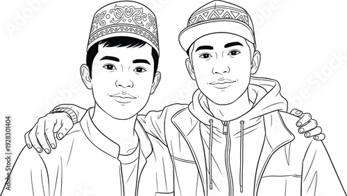 Black and White Line Art Portrait of Two Muslim Teenage Boys Wearing Traditional Caps with Friendship and Brotherhood Concept Illustration