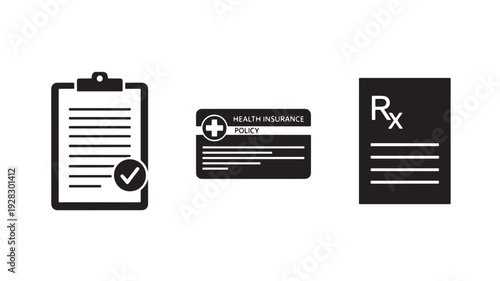Vector Illustration Of Medical Documents Including Clipboard, Health Insurance Policy And Prescription For Healthcare Concept Isolated On White Background