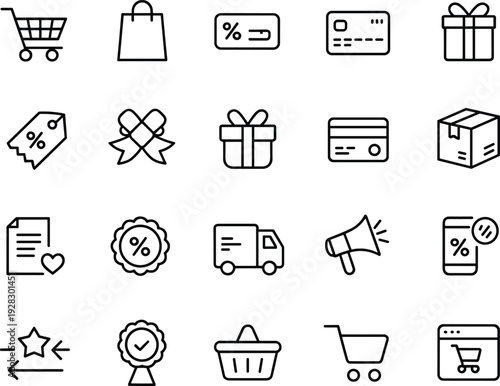 Shopping e-commerce icons, retail symbols, discount tag, credit card, gift box, delivery truck, online purchase, promotional activity artwork