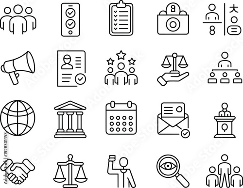 Governance law icons, justice scales, communication symbols, leadership illustration, organization concept, government building, voting participation, partnership agreement artwork