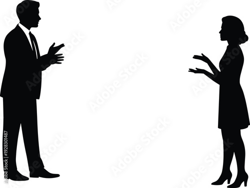 Silhouettes of a businessman and businesswoman in formal attire gesturing with open hands, engaged in a discussion or presentation