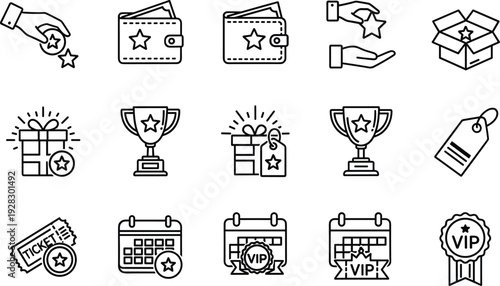A set of black line vector loyalty program icons featuring gift boxes trophies vip badges wallets and star rewards isolated on a white background.