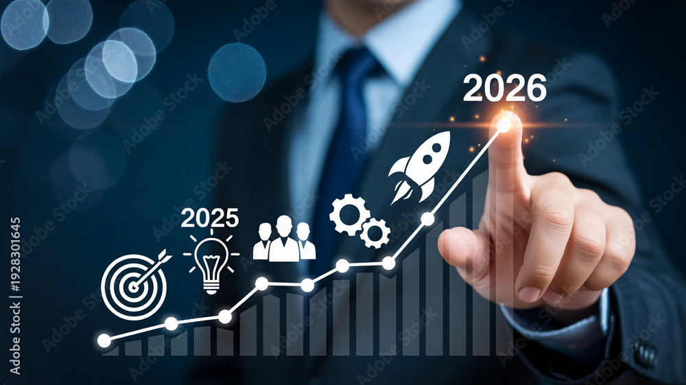 Obraz premium Businessman pointing at a rising graph with icons representing goals, ideas, teamwork, and a rocket launching towards the year 2026