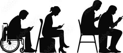 Silhouettes of people using mobile phones in different seating positions illustrating modern communication habits and isolation