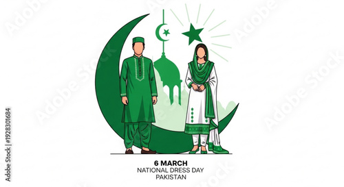 Couple in traditional pakistani attire celebrating national dress day on march 6th with green and white clothing and crescent moon star symbol
