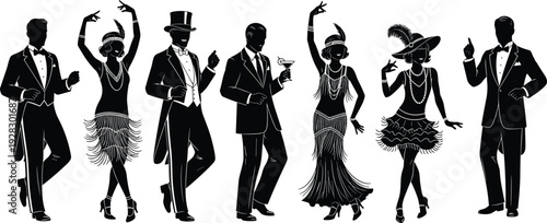 1920s jazz age party silhouettes featuring elegant men and women dancing, flapper dresses and vintage suits, Great Gatsby style black and white illustration