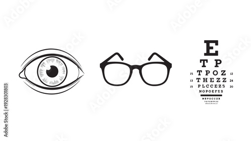 Vector Illustration Of Human Eye, Glasses, And Eye Test Chart For Vision And Optometry Concept Isolated On White Background