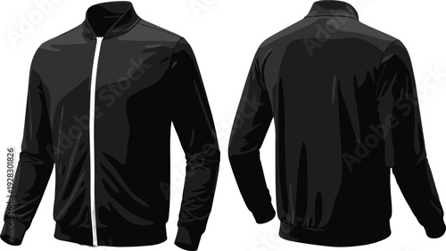 Black bomber jacket vector mockup featuring front and back views with white zipper and long sleeves for clothing design template isolated on white background