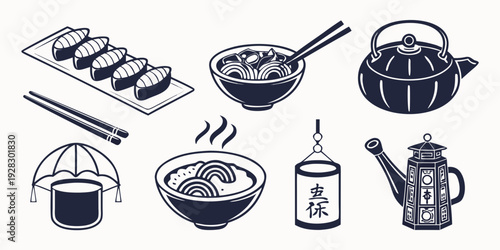 Various cooking utensils and ingredients arranged in a row. Vector