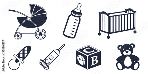 Assorted baby items including toys and nursery furniture Vector