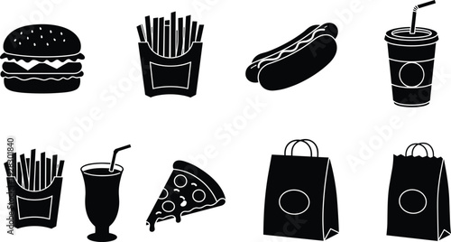 Fast food icons, hamburger, French fries, hot dog, pizza slice, drink cup, takeaway bag, vector art, snack, meal, restaurant, junk food, beverage, street food