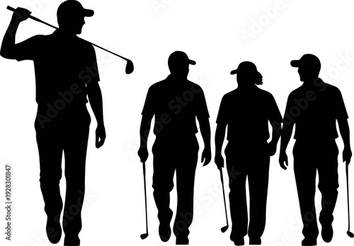 Four Golfers Silhouettes Holding Clubs Standing Together