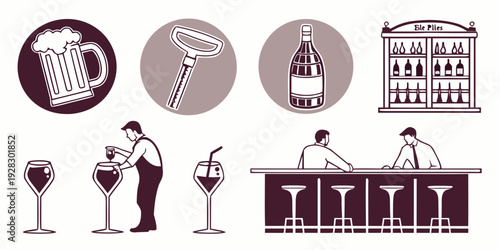 A collection of wine glasses, bottles, and a wine cellar with various types of wine. Vector