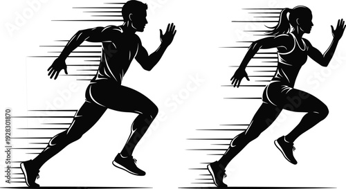 Black and white vector silhouettes of a male and female athlete sprinting with speed motion lines for fitness and sports concepts.