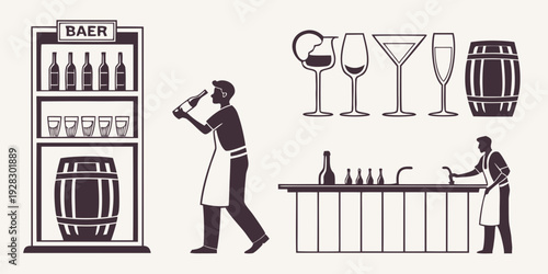 A bartender preparing drinks behind a bar counter with various bottles and glasses. Vector