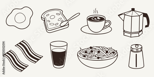 A delightful assortment of breakfast foods and beverages Vector