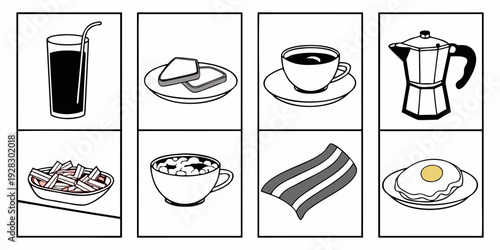 A collection of various food and drink items including coffee and breakfast foods Vector