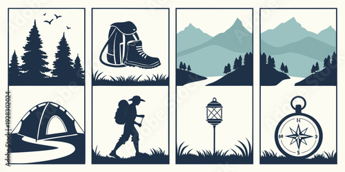 A collection of outdoor activities and landmarks for a camping adventure Vector