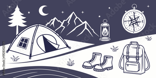 A serene campsite under a starry night sky with various camping gear and activities. Vector