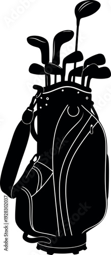 Golf bag filled with various golf clubs standing upright