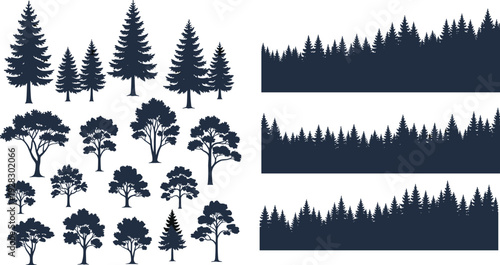 Black Silhouette Collection of Pine and Deciduous Trees Set with Forest Treeline Borders and Individual Woodland Elements Isolated on White Background for Nature Designs