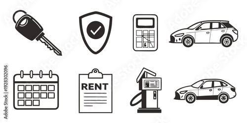 Various icons representing different aspects of car rental services and safety. Vector