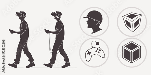 A person walking with a backpack, a hooded figure, and various icons. Vector