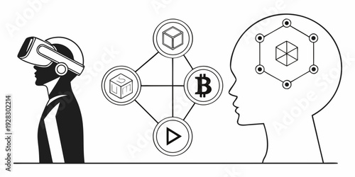 Virtual reality headset displaying interconnected nodes and a human brain Vector