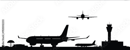 Black silhouette of an airport runway featuring passenger airplanes, control tower and landing aircraft isolated on white background for travel and aviation design