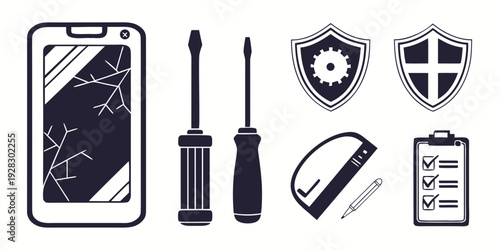 Assorted icons representing security, tools, and a damaged smartphone screen Vector