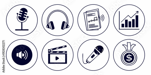 Icons representing various multimedia and data analysis functions Vector