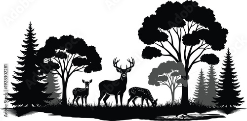 Black Silhouette of Deer Family with Buck and Fawns in Forest Landscape with Pine and Deciduous Trees Isolated on White Background for Nature Designs