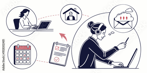 A person working on a laptop with various thought bubbles and icons around them. Vector