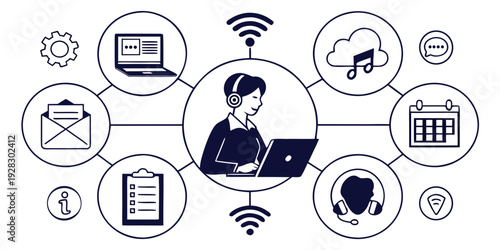 A person using a laptop surrounded by various digital icons representing connectivity and technology. Vector