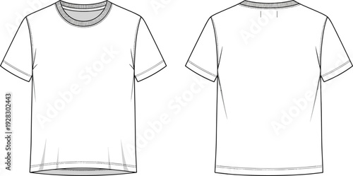 Blank Men's and Women's White Cotton T-Shirt Technical Flat Sketch Mockup Set Front and Back View for Fashion Design Apparel Template and Tech Pack