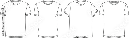 Blank white crew neck t-shirt vector illustration set with front view technical drawing template flat sketch for apparel design mockups and fashion clothing branding.