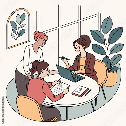 business people working on laptop. Female coworkers engaging in a productive discussion at the office