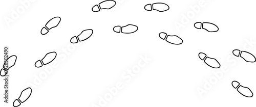 Shoe print outline wave, thin line footprint track zigzag path set on white background. Minimalist walking person steps, shoe print outline, human boot mark shape