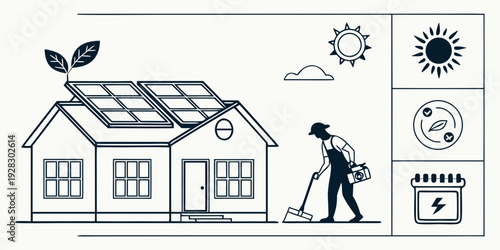 A person maintaining a solar panel system on a house roof with various weather icons. Vector
