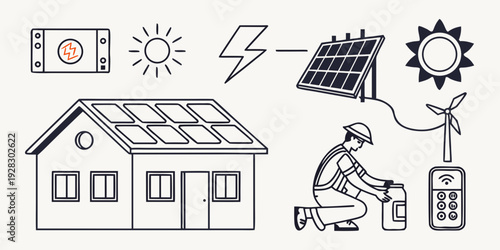 Illustration showcasing various renewable energy sources powering a modern home. Vector
