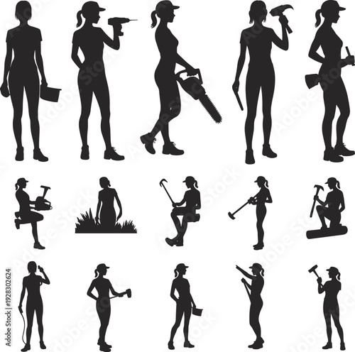 Female construction worker silhouette set with tools, women builders performing manual labor, industrial work professions isolated on white background