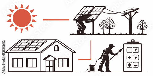 A visual representation of solar energy generation and usage in a residential setting Vector
