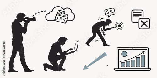 People engaging in various activities related to technology and business. Vector